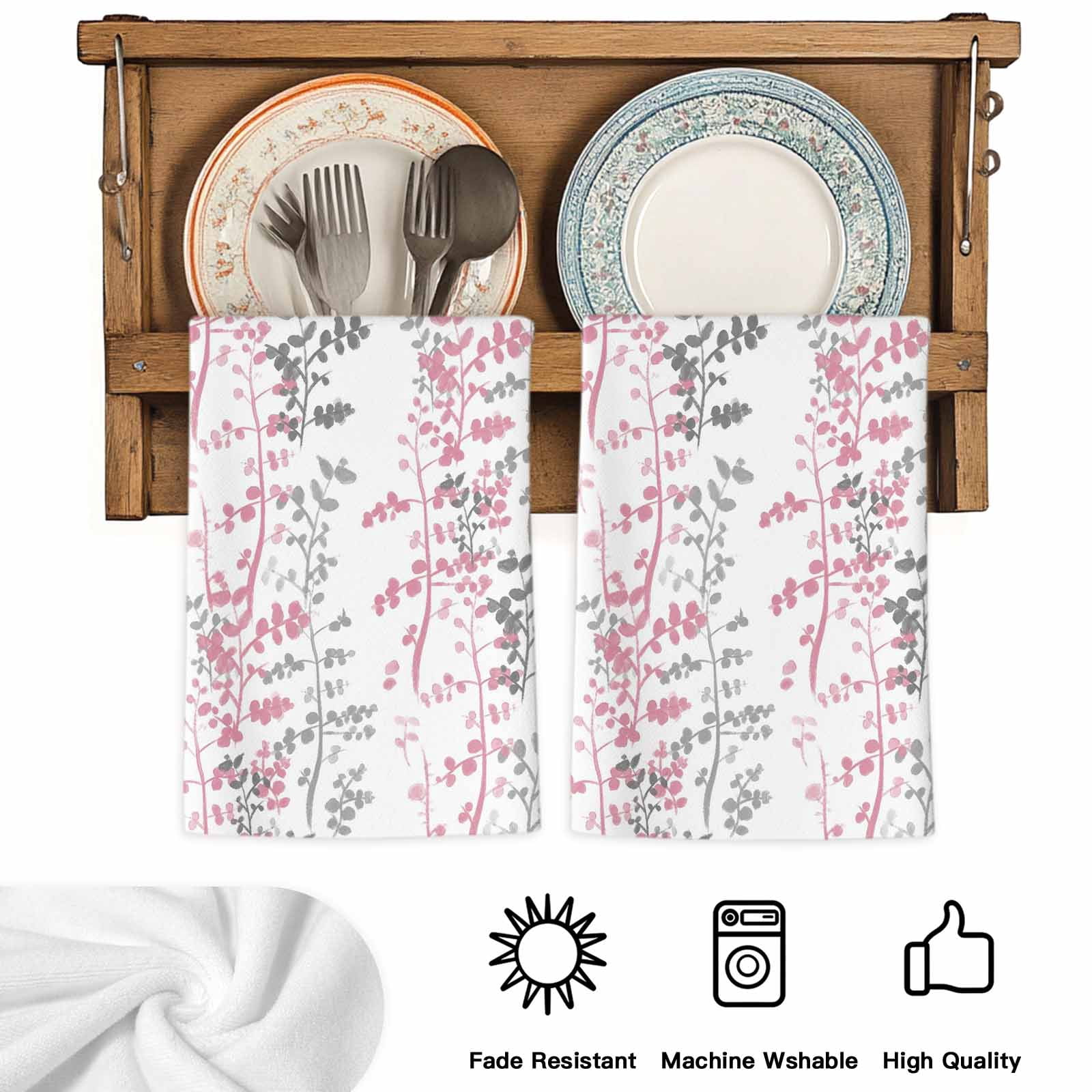 Dish Towels, Pink Leaf Absorbent Kitchen Towels 2 PCS, Grey Leaves Branches Microfiber Hand Towels Dish Cloths Tea Towels for Home&nbsp;Bathroom Cleaning Drying,18X28-Inch,