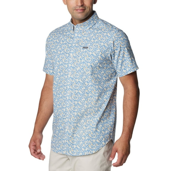 Columbia Mens Regular fit Short Sleeve Button-Up Shirt Small Blue Floral