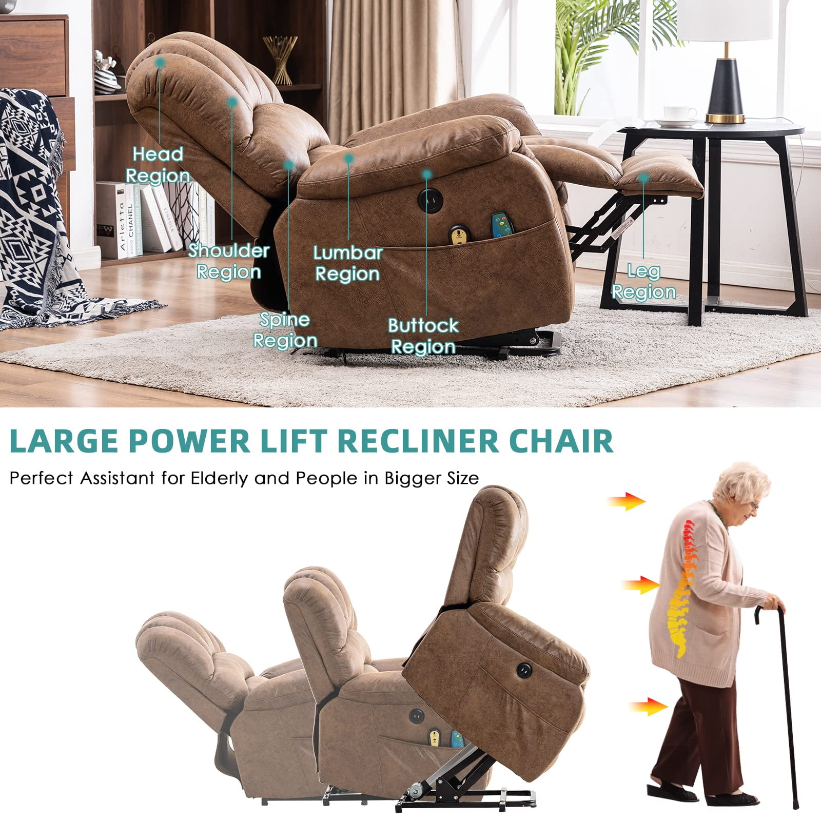 MEETWARM Large Power Lift Electric Recliner Chair with Massage and Heat, Overstuffed Wide Recliner for Elderly Big People, Heavy Duty Recliners with 2 Remote Controls, USB Ports, 2 Side Pocke (Brown)