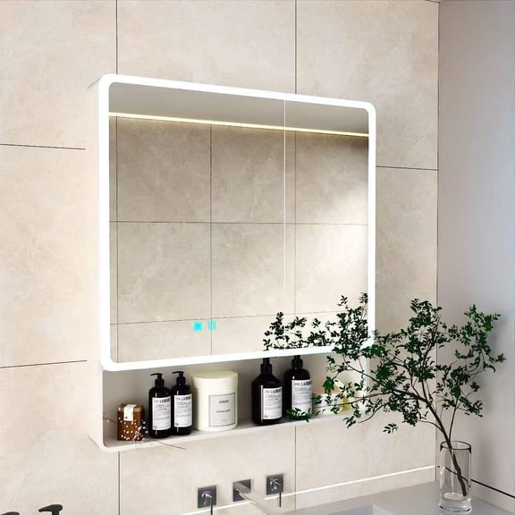Mirror Medicine Cabinet with Storage, White led Lighted Bathroom Mirror Anti Fog smart Medicine Cabinet, wall Mounted Mirror Cabinet, 31.5 * 35.4 Two Door Aluminum-Plastic Cabinet, White