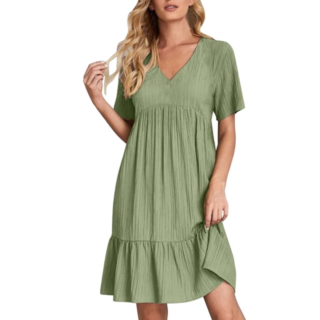 Soldes du Printemps 2024!Hontri Robes pour Femmes Robe d'Été Robes en Lin pour Femmes Robe T-Shirt Décontractée Manches Courtes Col en V Robe Midi Ligne A Vert,P