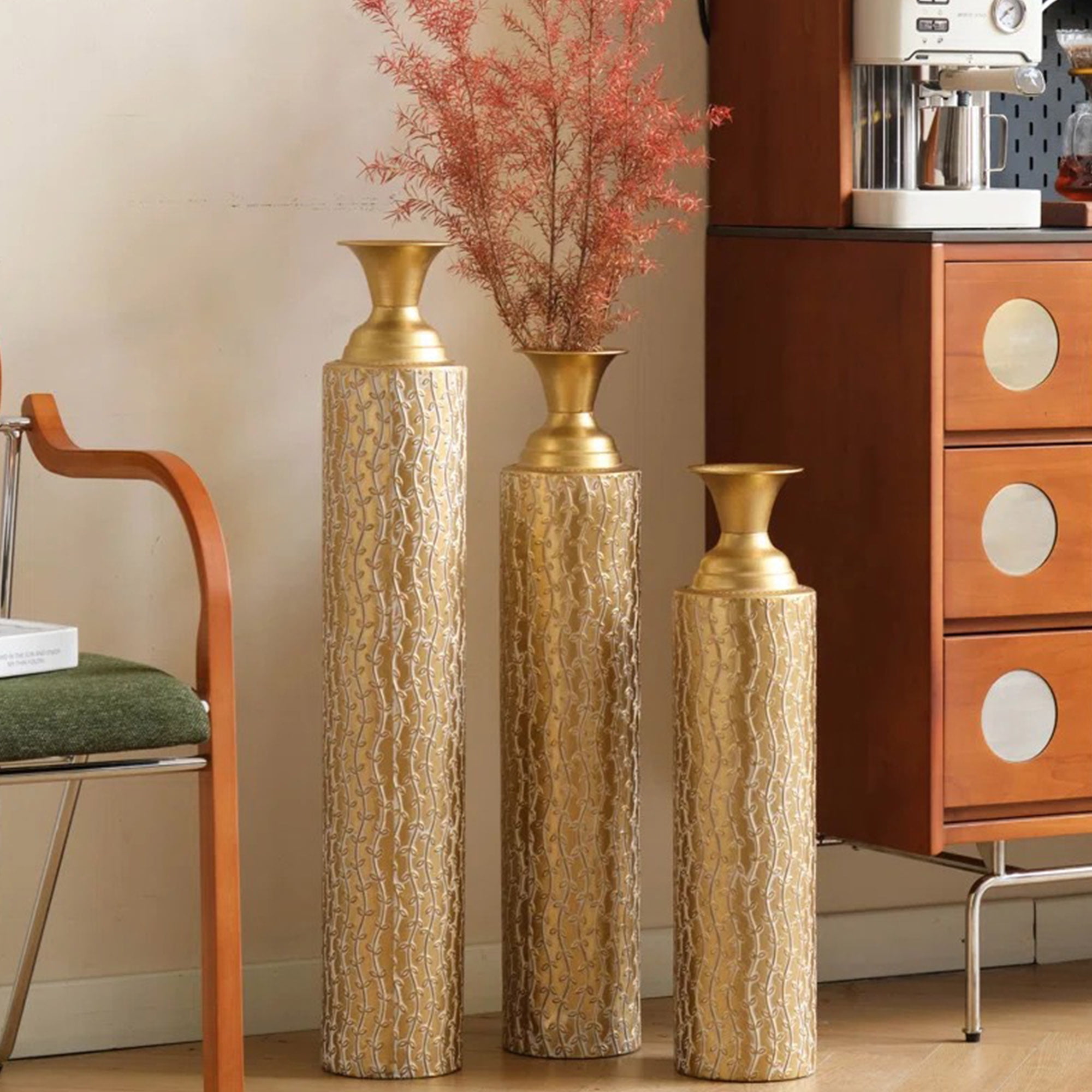 3 Piece Handmade Gold Vase, Tall Metal Floor Vase with Embossed Gold Ivy, Large Flower Vase