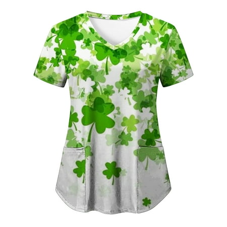 

St. Patrick s Day Scrub Tops for Women Short Sleeve V Neck Shamrock Graphics Nurse Uniform Shirts with Pocket