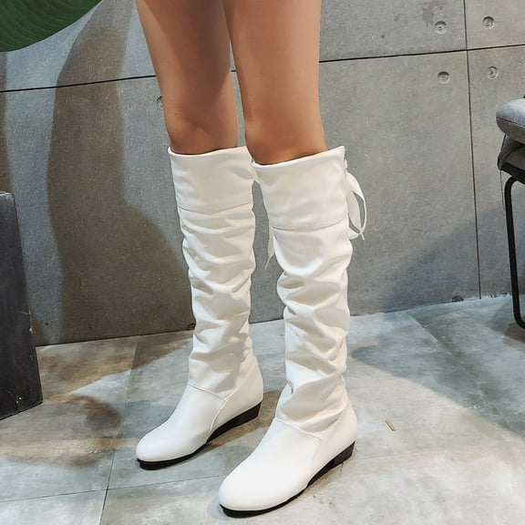 Gubotare Boots for Women Knee High Women's Knee High Boots Flat Pointed Toe Pull On Side Zipper Suede Slouch Riding Boots (White,8.5)
