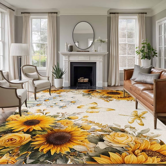 Farmhouse Sunflower Area Rugs 6'x9', Small Throw Rugs for Kitchen Dining room, Vintage Daisy Butterflies Rustic Burlap Indoor Outdoor Rug Non-Slip Low Pile Carpet Runner Reversible Floor Mats