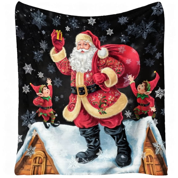 1pc Extra Large Flannel Blanket - Heavyweight 280GSM Soft Warm Throw - Santa Claus & Elves Christmas Design - All-Season Couch Bedspread - Machine
