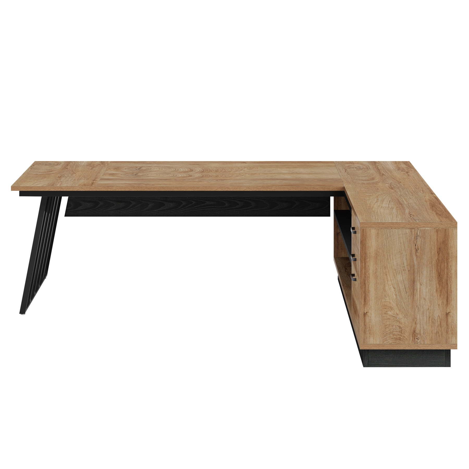 Fnova 71" L-Shaped Executive Desk with Storage Drawers and Open Shelves, Industrial Office Desk Writing Desk with File Cabinet, Spacious Corner Computer Desk for Home Office