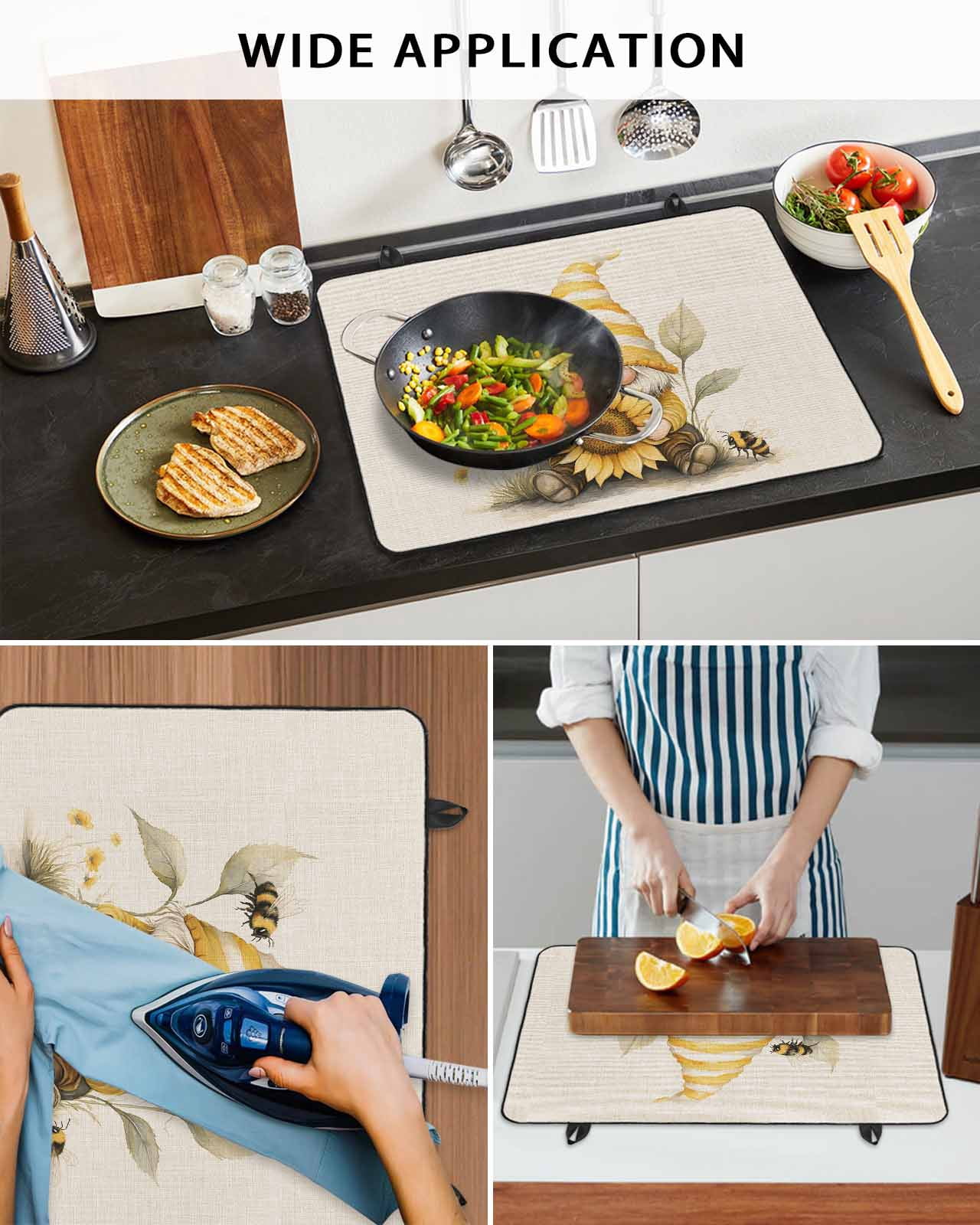 nqOlkjepod Large Induction Cooktop Protector Mat 28.5"x20.5", Sunflower Retro Stove Top Covers for Electric Stove, Yellow Gnomes Bee Beige Vintage Art Stove Burner Cover Mats, Glass Top Stove Cover
