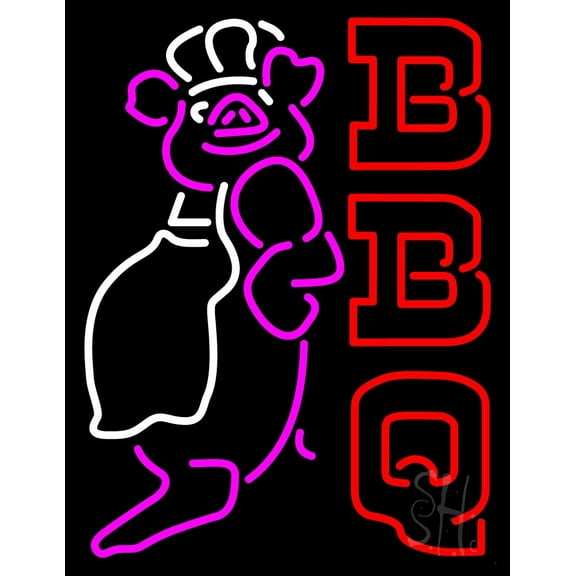 Double Stroke BBQ Pig Logo LED Neon Sign 15 x 19 - inches, Clear Edge Cut Acrylic Backing, with Dimmer - Bright and Premium built indoor LED Neon Sign for restaurant window and interior decor.