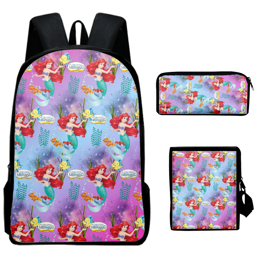 Fnyko Backpack 3 Pieces Set Cartoon The Little Mermaid Backpack 3D Printed School Laptop