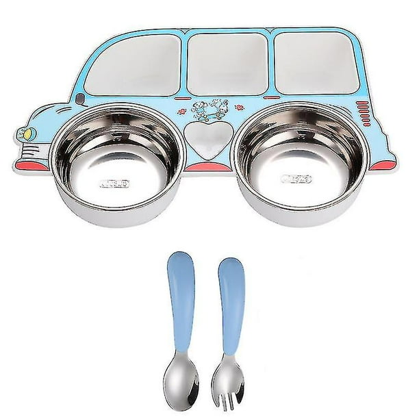 Plato de cena de coche para niños de acero inoxidable 304, cuenco de suplemento de comida para bebés extraíble y lavable, juego de platos de plástico divididos de dibujos animados creativos Aespa kaili Sencillez