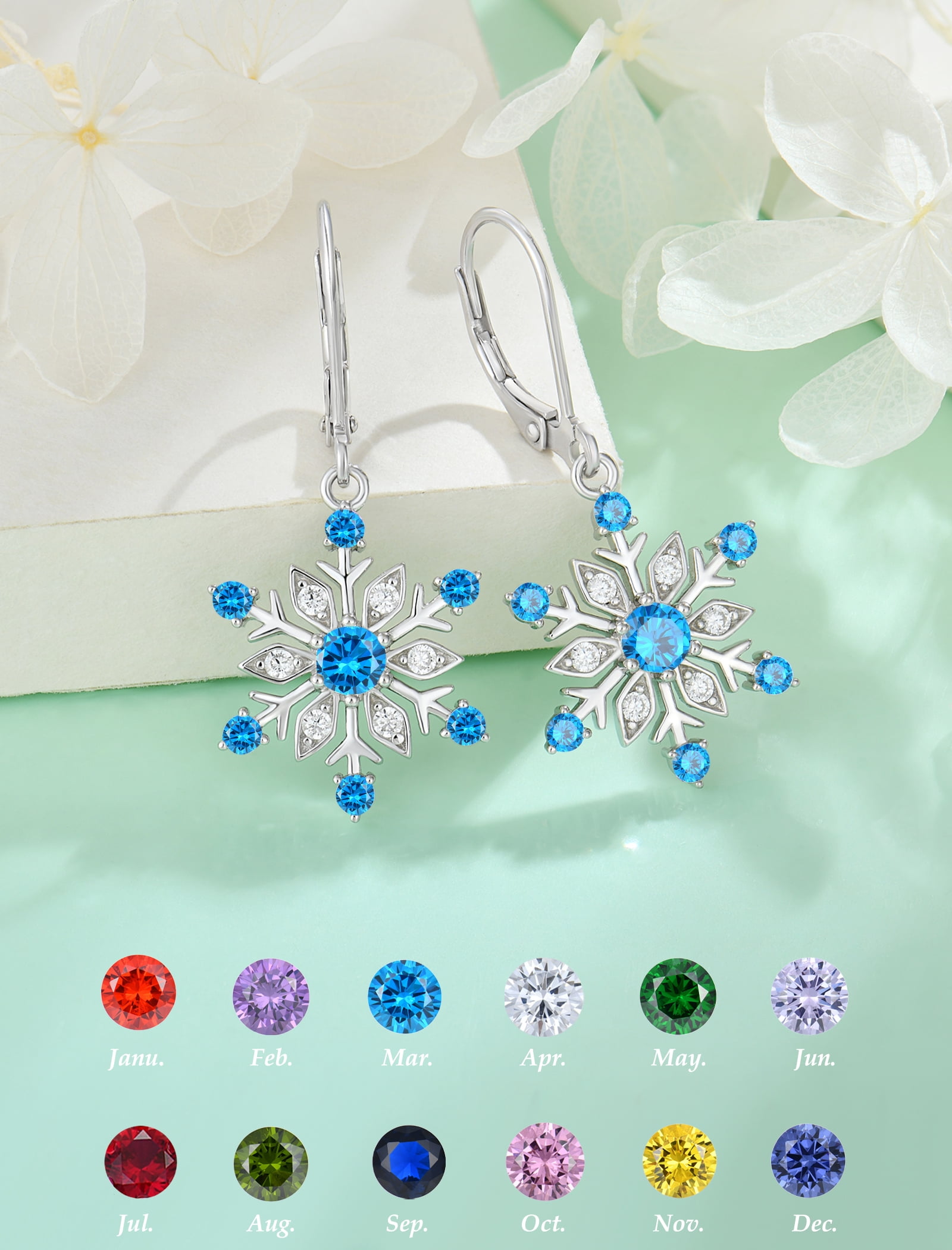 VESITIM Snowflake Earrings for Women 925 Sterling Silver Winter Dangle Drop Earrings Birthstone Created Aquamarine Leverback Jewelry for Christmas Gifts
