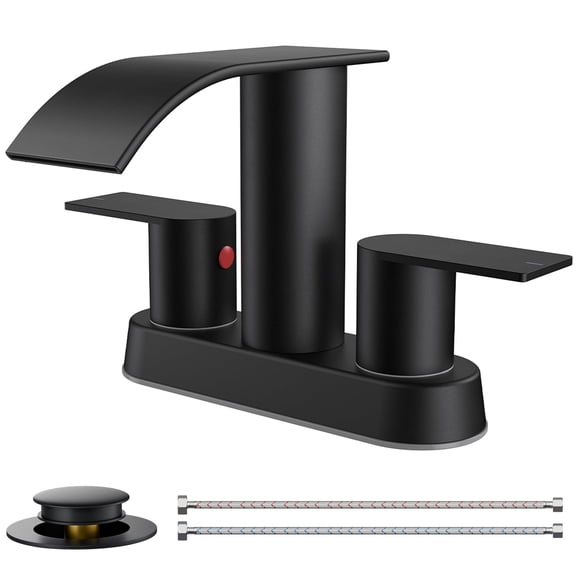 TVOFEK Waterfall Centerset Bathroom Faucets for 2 or 3 Hole with Metal Pop up Drain and cUPC Hose, 4 inch Matte Black Two Handles Basin Sink Faucet for Vanity RV Lavatory