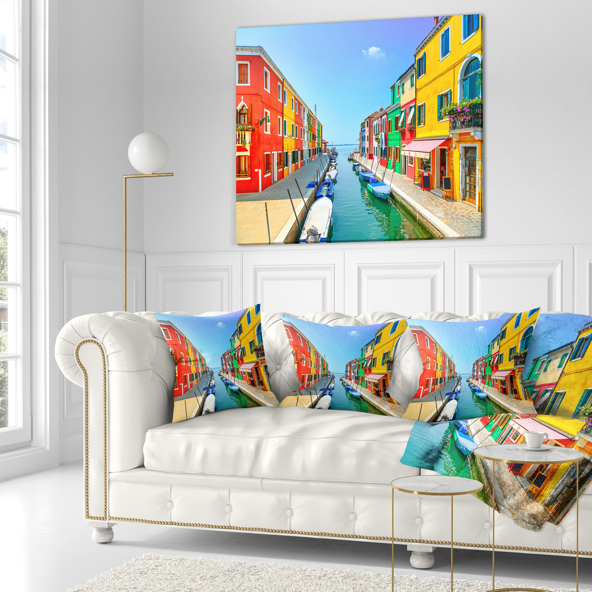 Designart Colorful Burano Island Canal Venice - Landscape Printed Throw Pillow - 18x18