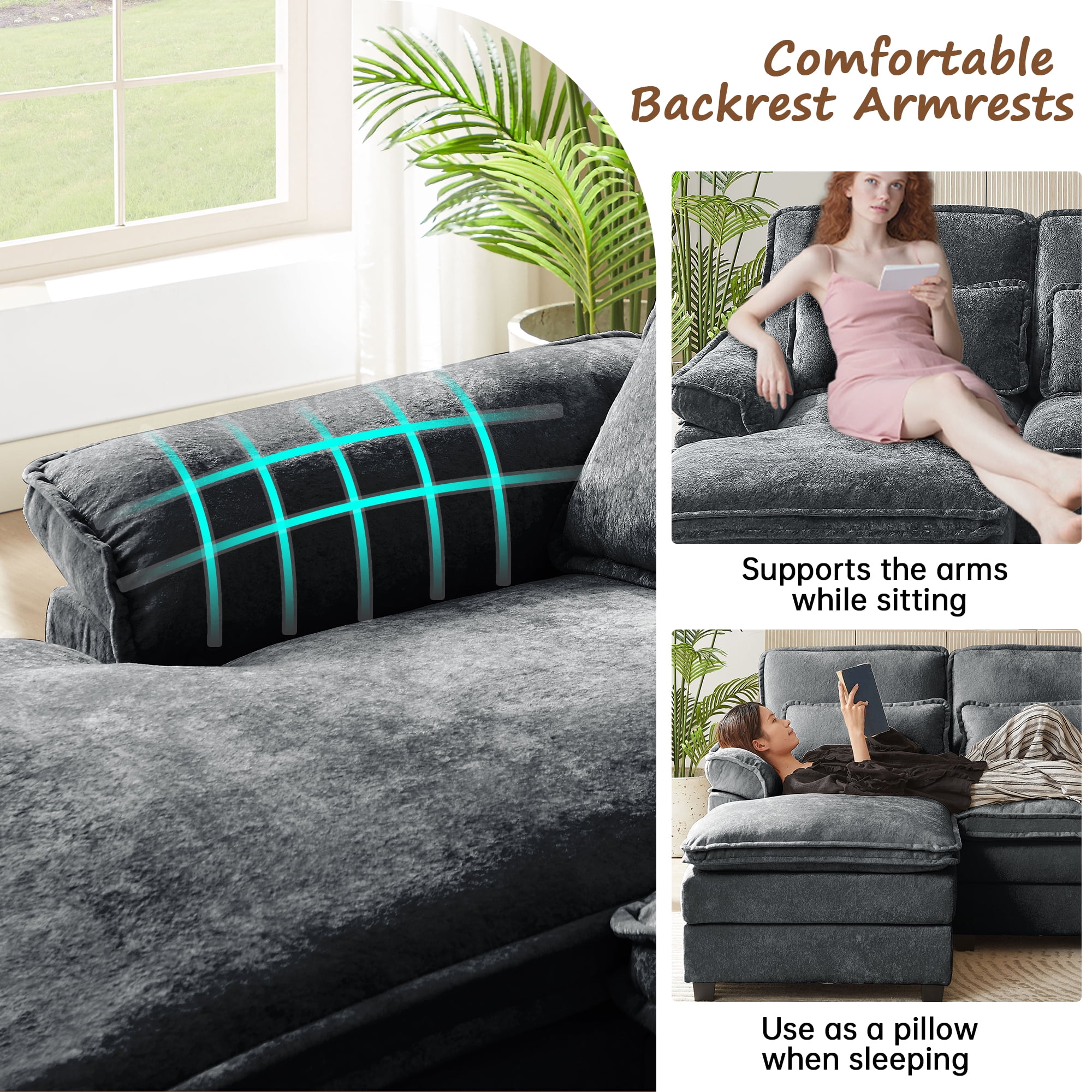 Pingliang Home Oversized Sectional Sofa U Shaped Couch 4 Seat with 4 Waist Pillows,Chenille Upholstery Symmetrical Sleeper Sofa Cloud Couch with Double Chaise Lounge for Living Room Apartment Office