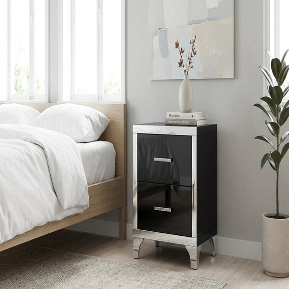 High Gloss Black Nightstand with Metal Handle - 2 Drawer Bedside Table