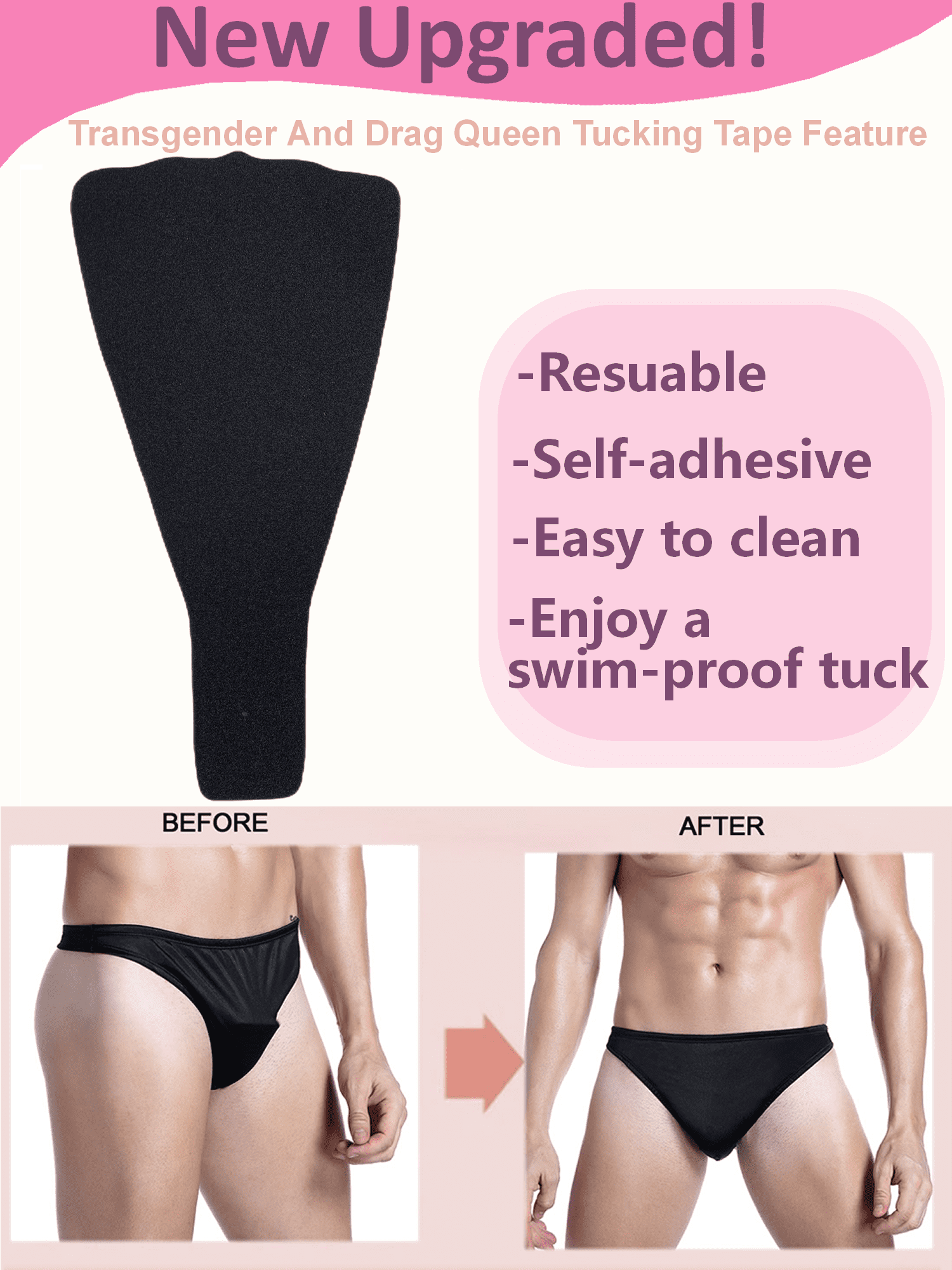 BIMEI Self-adhesive Reusable Tuck Yourself Tucking Tape Kit Pre-Cut  Self-contained Fit Skip the Line Adhesive Avoid Camel Toe Gaff Alternative  Waterproof For Unisex,Black,A Pair 
