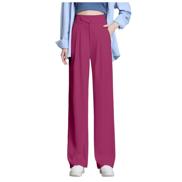 Pantalones anchos de color liso para mujer - Pantalones de traje de cintura alta con cintura elástica - Mezcla de poliéster y spandex, dos bolsillos, ideales para la oficina y para looks informales