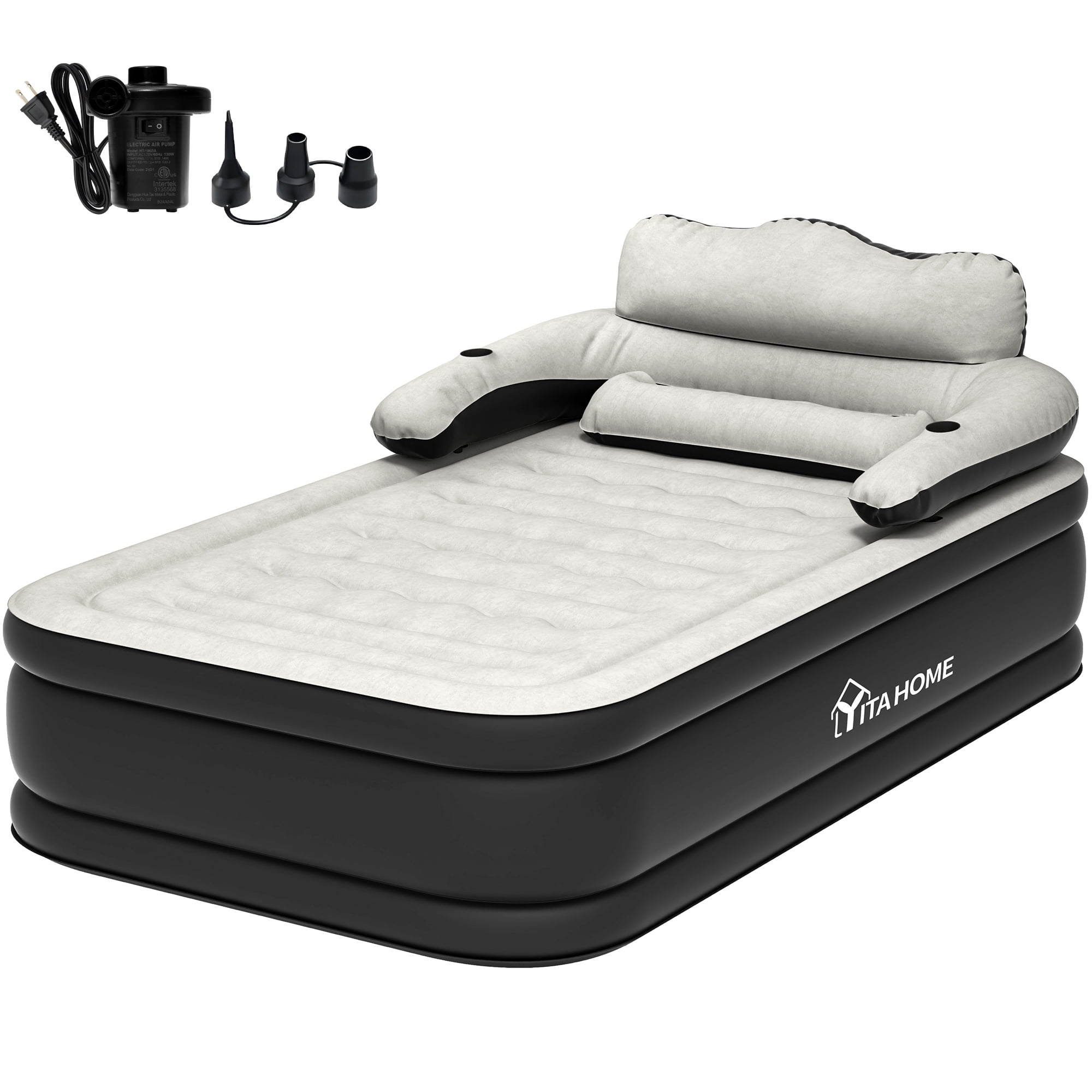 Uforic FullXL Air Bed featuring Headboard, 18in Inflatable Mattress with Pillow, Portable Electric Pump, Black - Ideal Queen Air Mattress for Camping & Home Use
