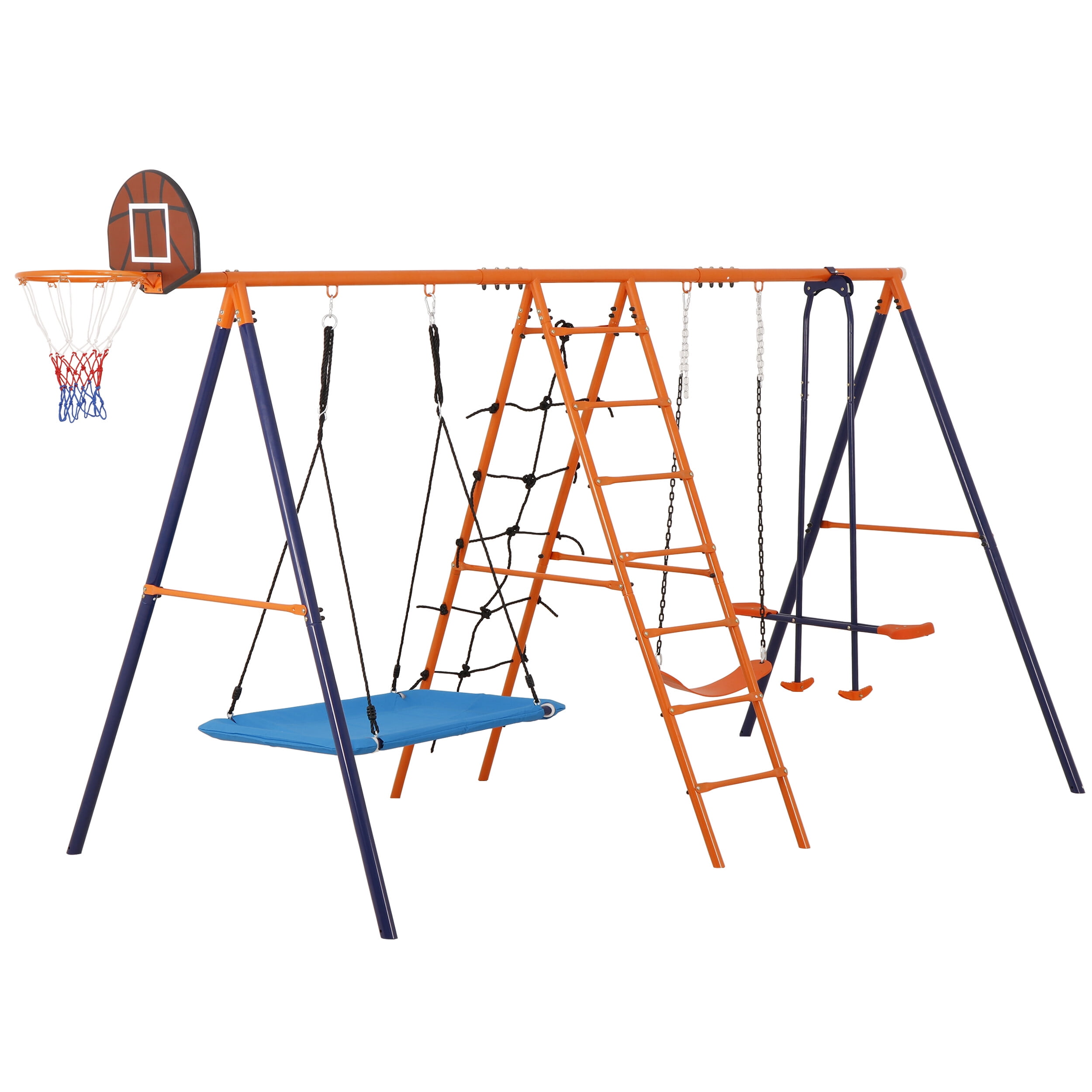 SuperDeal 6 in 1 Multifunctional Swing Set Steel Frame for Background with Seesaw, Basketball Rim, Climbing Ladder/Net