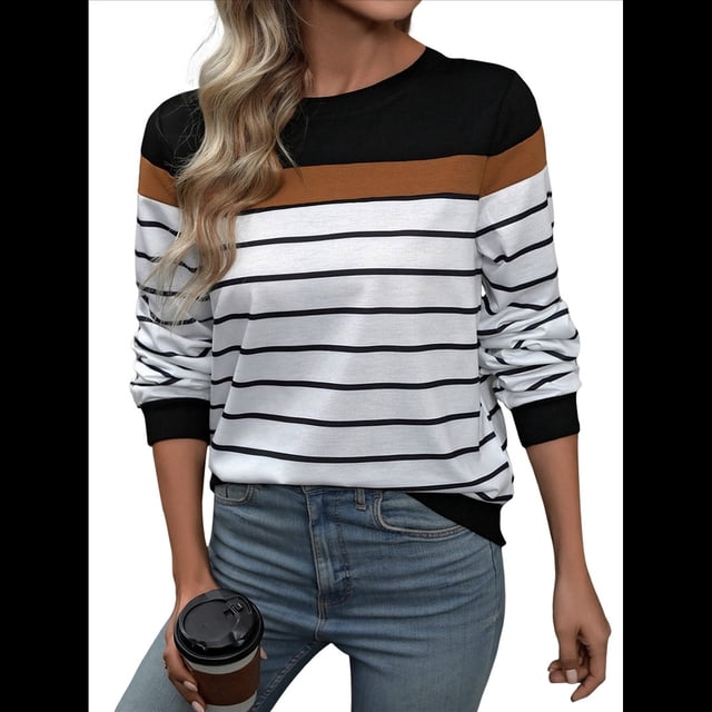 Camisa de Rayas de Larga para Mujer, Camiseta con Bloques de Color, Cuello Redondo, Blusa Informal con Corazón Negro Negro L