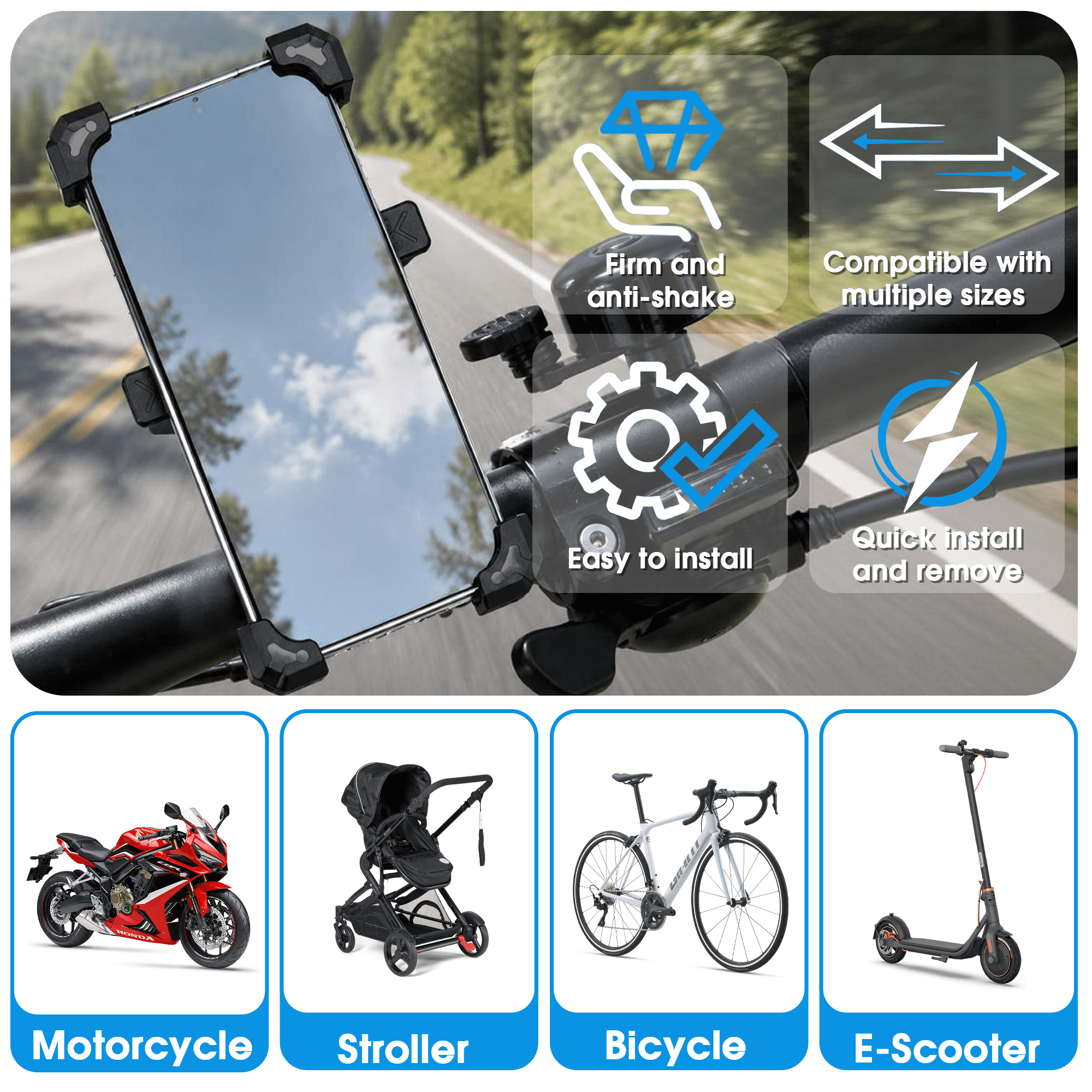 Bike Phone Mount, Adjustable Motorcycle Phone Holder, 360° Rotatable Handlebar Phone Mount, Universal Cell Phone Cradle for Bicycle Scooter Stroller, Fits 3.5-6.8 Inch Smartphones