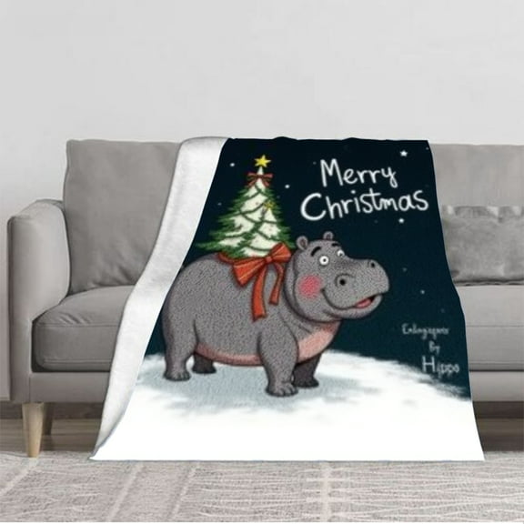 Durable Soft & Warm Flannel Blanket - Cozy Hippo Christmas Design for Sofa Travel Bed & Chair - Perfect Holiday Gift