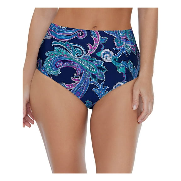 ISLAND ESCAPE Women's Navy Paisley Stretch Lined Bikini Full Coverage Sea Breeze High Waisted Swimsuit Bottom 10