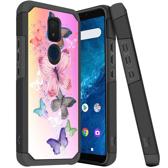 ANJ  Slim Dual Layer Hybrid Shockproof Case   Tempered Glass Cover for Cricket Icon 3, Splendor, AT&T Motivate 2 - Colorful Butterfly 2
