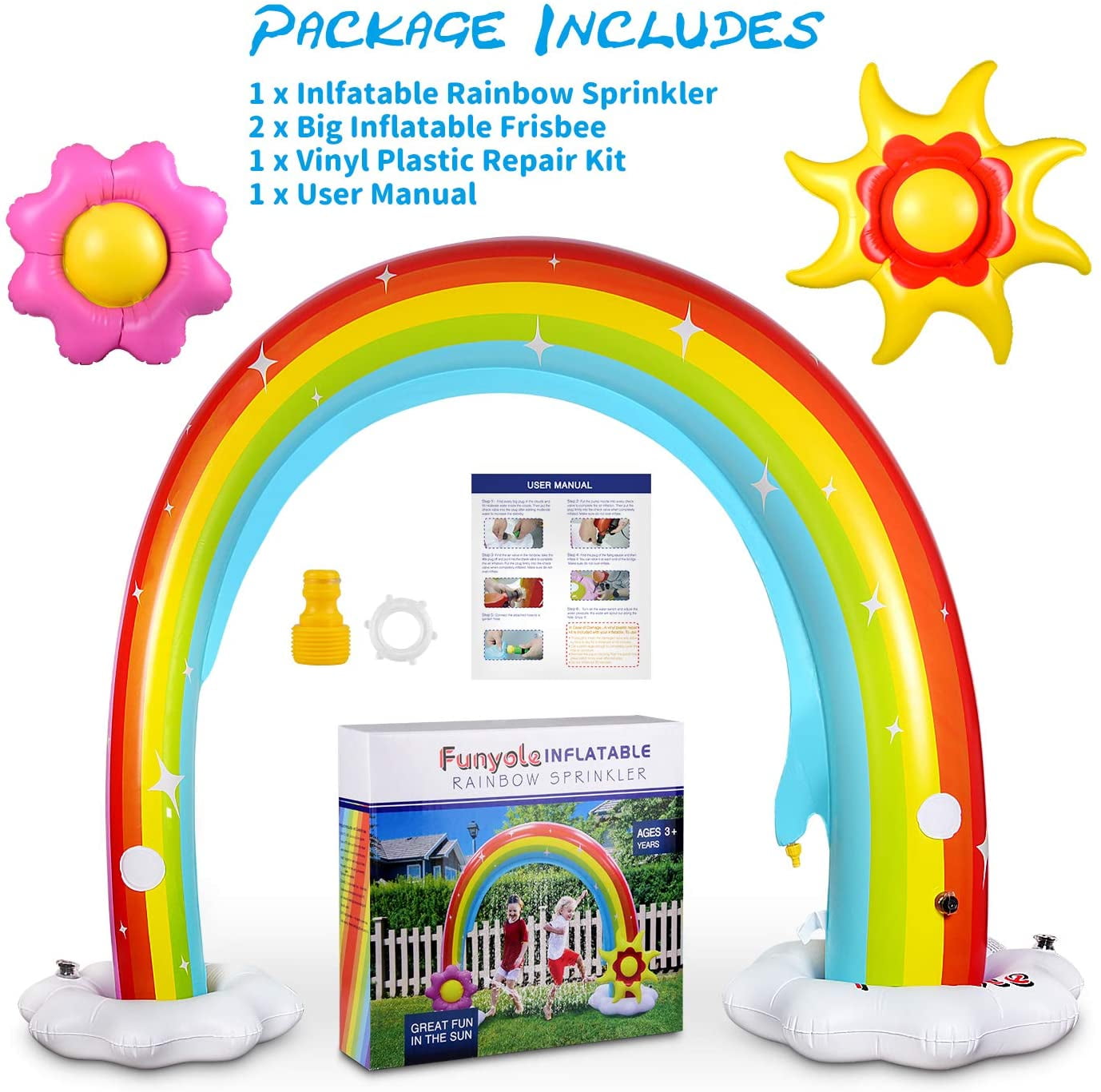 Huge Colorful Back Yard Toddler Summer Toys Easy to Set Up Funyole Inflatable Rainbow Sprinkler for Kids Great Party Prop Kids Summer Outdoor Lawn Toy Fun Water Play Sprinkler for Toddlers