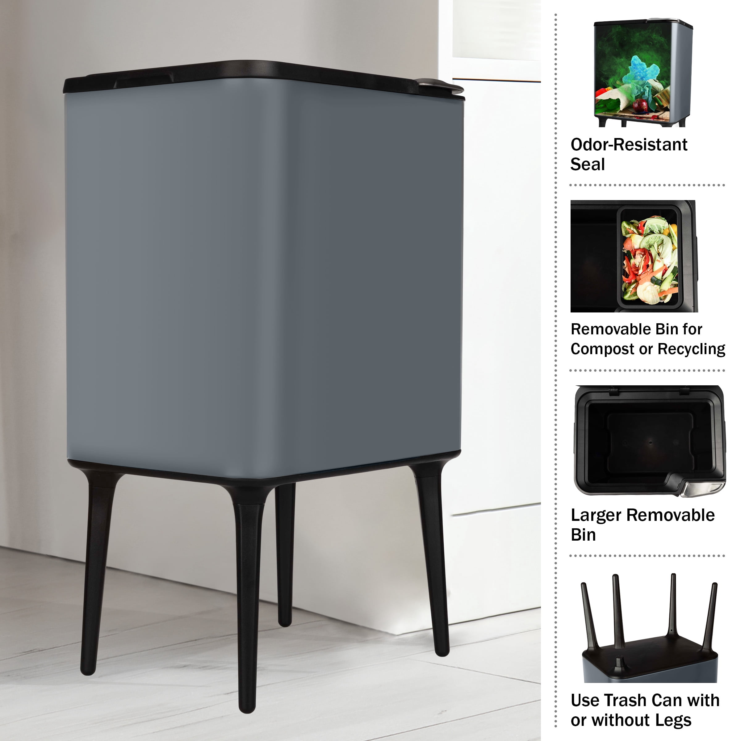 Home-Complete 8.7-Gallon Polypropylene Trash Can with 3L Recycling/Compost Bin (Gray)