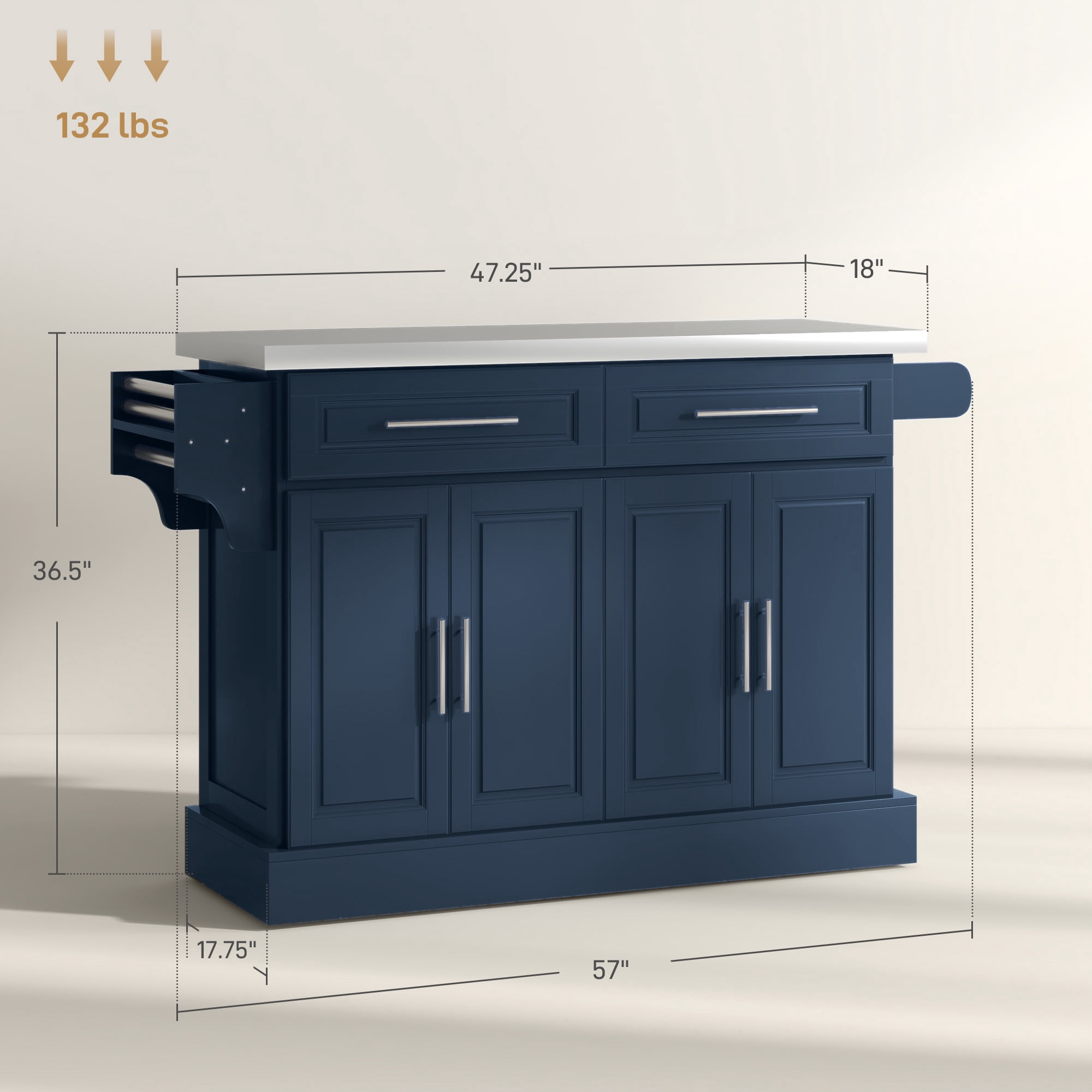 HOMCOM Rolling Kitchen Cart on Wheels, Portable Kitchen Cart with Stainless Steel Top, 2 Drawers, Spice, Knife and Towel Rack, Navy Blue