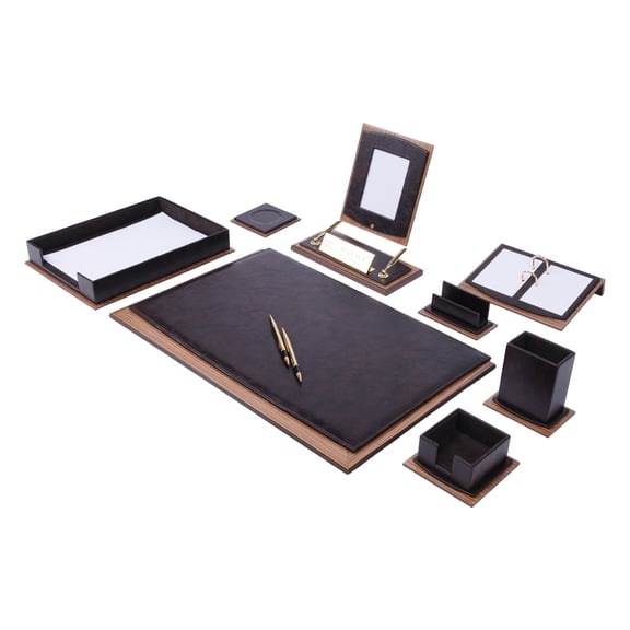Star Luxury Leather Desk Set, Leather & Wood Desk Set, 11 Pcs, with Single Tray, Desk Organizer (Brown)
