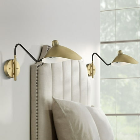 

360 Lighting Mid Century Modern Swing Arm Wall Lamps Set of 2 Brass Black Hardwired Light Fixture Up Down Metal Shade for Bedroom Bedside Home