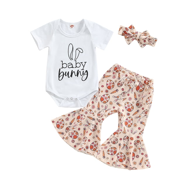 Faithtur Baby Girls Easter Outfit Sets Short Sleeve Letter Print Romper + Rabbit Egg Print Flared Pants + Headband