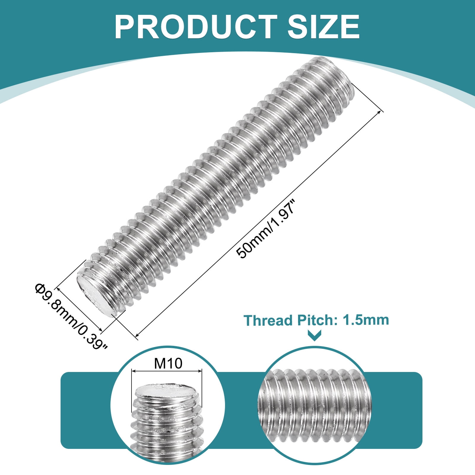8Pack Fully Threaded Rod, M10 x 50mm 201 Stainless Steel with Nuts Washers