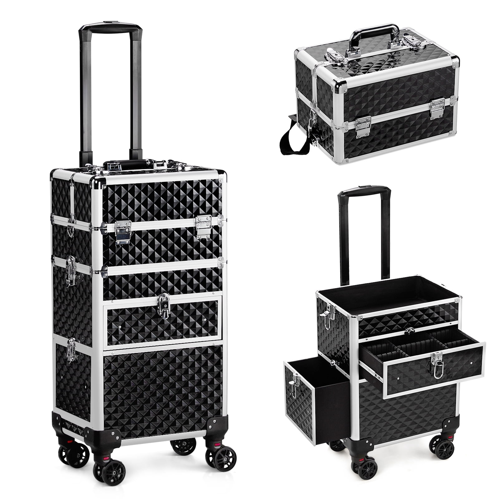 Cosmetic Case 2-in-1 Sliding Suitcase with Rails Detachable Caster Wheel Storage Box, Black 13.39*9.45*28.54in