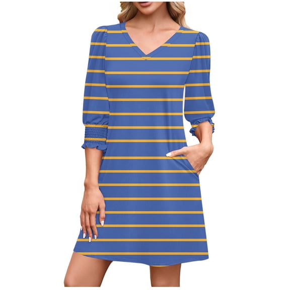 Efsteb 3/4 Sleeve Mini Dress for Women Fall Fashion Loose V Neck A-Line Casual Striped Dresses with Pockets (Blue,XL)