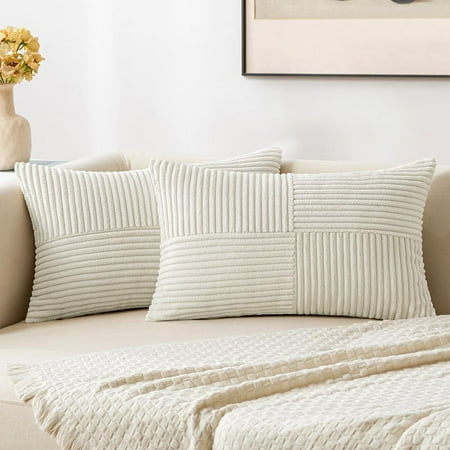 

MIULEE White Corduroy Pillow Covers Pack of 2 Boho Decorative Spliced Throw Pillow Covers Soft Solid Couch Pillowcases Cross Patchwork Textured Cushion Covers for Living Room Bed Sofa 16x16 inch