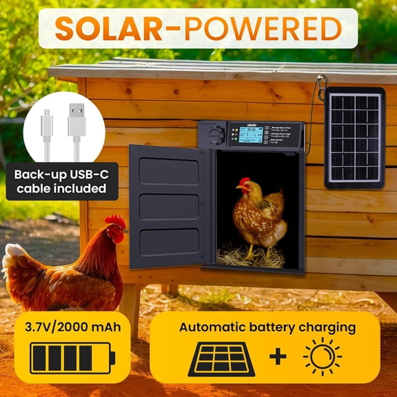 Automatic Chicken Coop Door PRO - Solar Powered with LCD Display - Light Sensor & Timer - Anti-Pinch Function - Wide Opening - New Model - 5 Year Protection