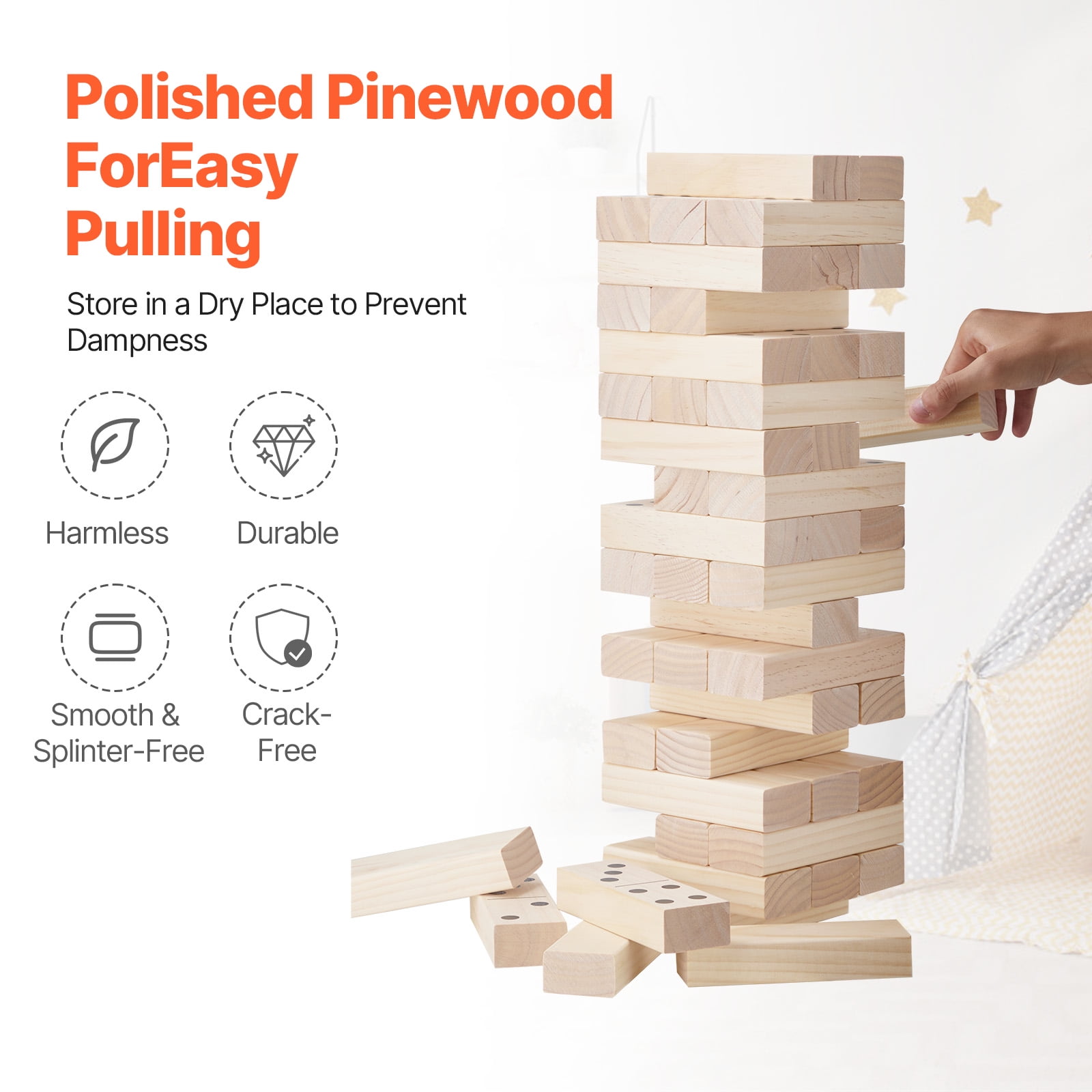 KFFKFF Outdoor Game Giant Tumble Tower, Set of 54 Medium-Sized Pine Wood Stacking Blocks Game, Comes with Portable Bag and Scoring Board, Wooden Pile-Up Game, Ideal for Family Fun, Indoor/Outdoor Use