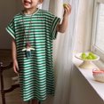 thumbnail image 3 of Tshirts Dresses for Girls 1-11 Years Toddlers Kids Cute Stripe Printed Cap Sleeve Crew Neck Pullover Casual Side Slit Mini Dress, 3 of 7