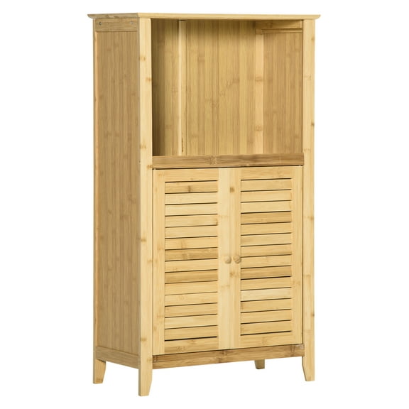 Bamboo Floor Cabinet Bathroom Storage Tower, Natural Wood Organizer with Doors & Shelves