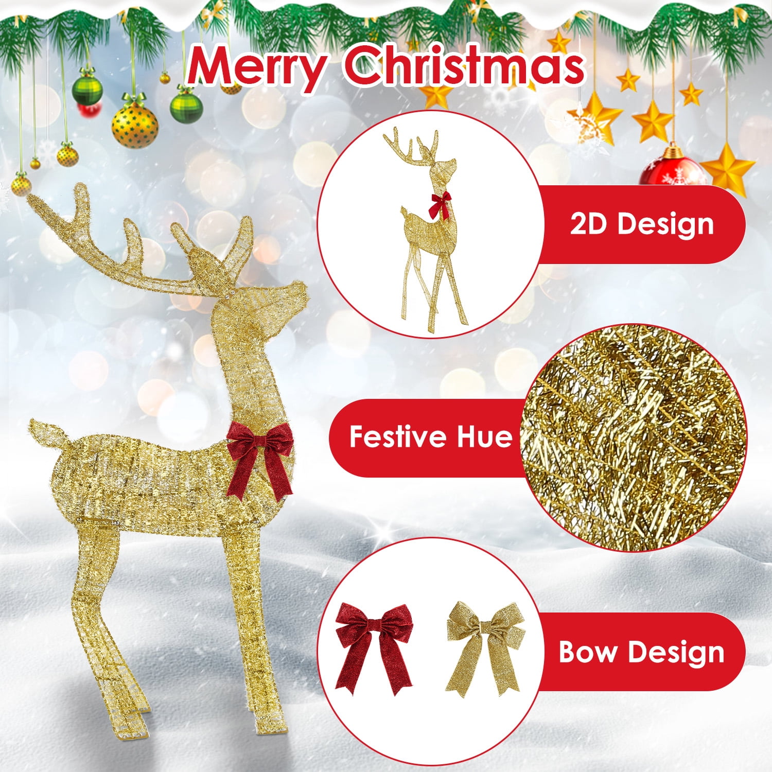 Astoutdoor Lighted Christmas Reindeer & Sleigh, 8 Modes, Warm Yellow LED, Iron & Stainless Steel, Indoor Outdoor, 16.93 x 12.99 x 1.97 in