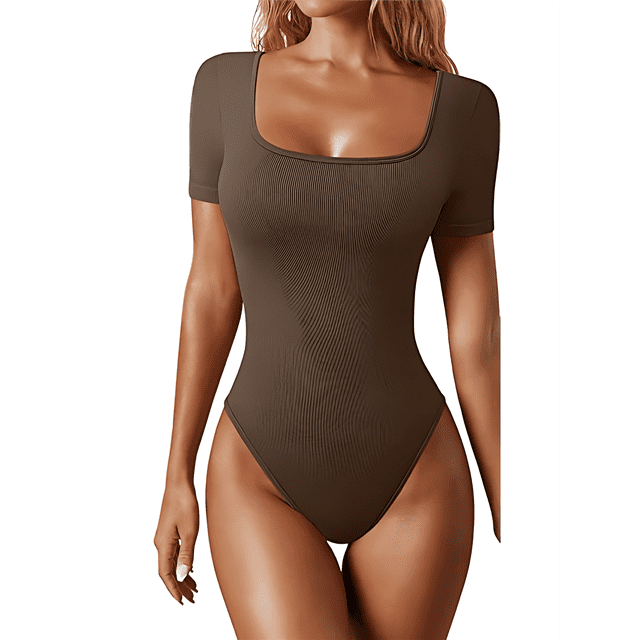 Justaucorps 2 Pcs pour Femmes, Col Carré Côtelé, Manches Courtes, Couleur Café, m