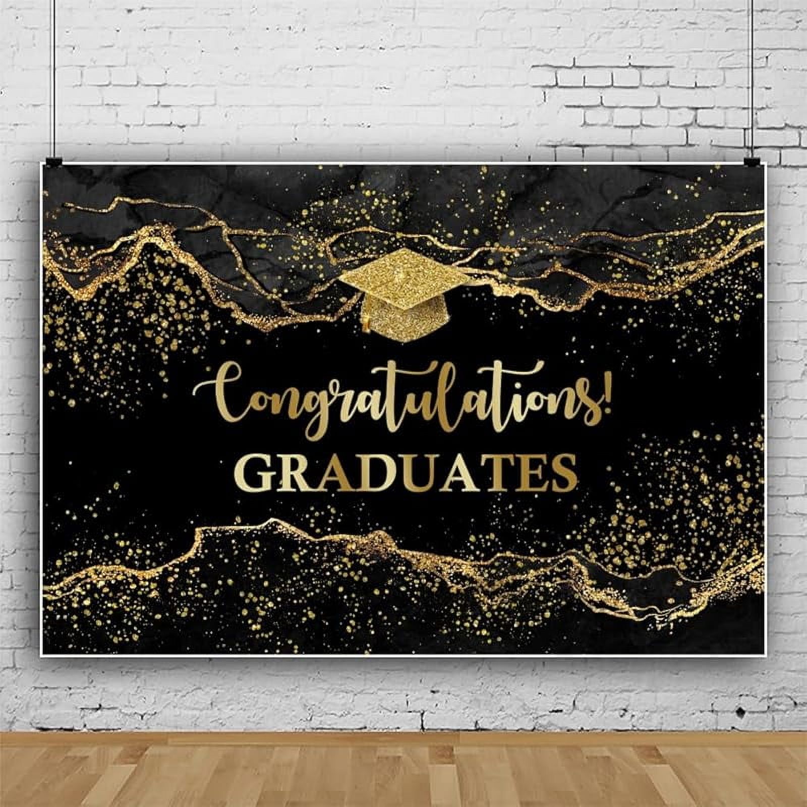 Congrats Grad Backdrop Graduation Class of 2025 Graduate Party Background Black Gold Champagne Graduation Prom Decorations Background Birthday Party Cake Table Banner Photo Booth
