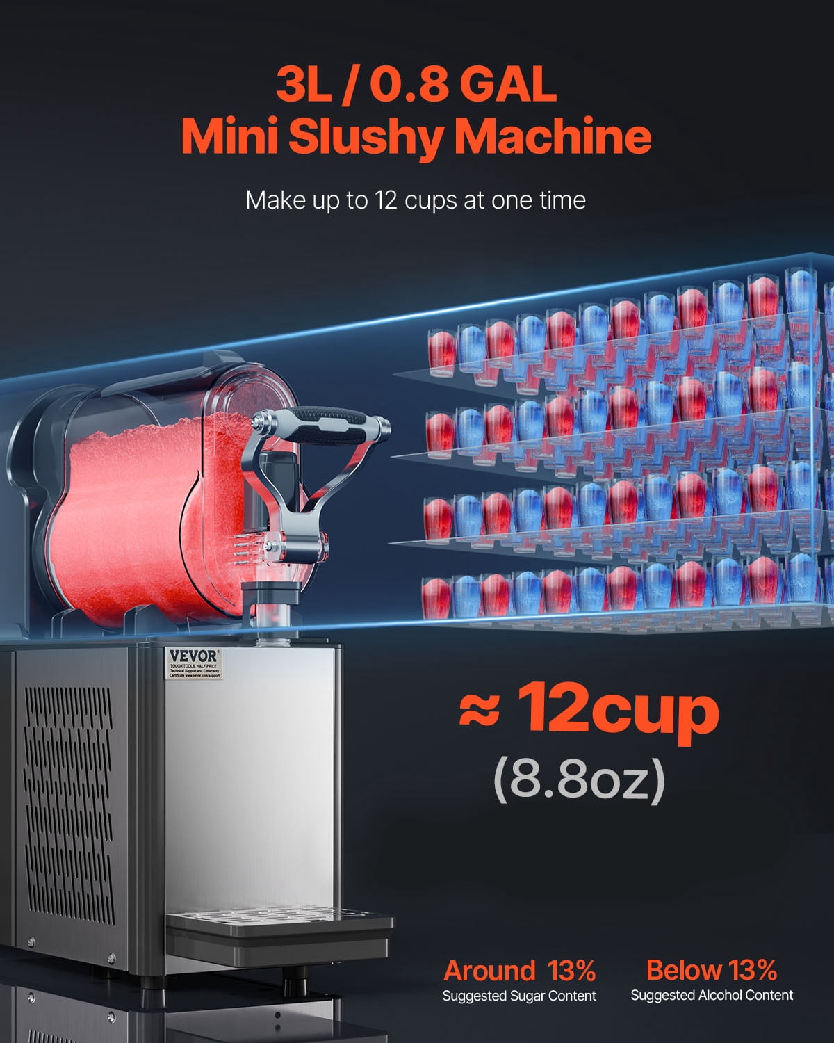 VEVOR Commercial Slushy Machine, 3L Single Tank Frozen Drink Machine, 12 Cups Stainless Steel Margarita Smoothie Frozen Drink Maker, Slushie Maker