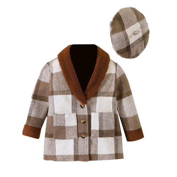 Coerni Dress Coat for Girls, Toddler Girls' Long Sleeved Plaid Woolen Coat   Plaid Beret Set Kids Winter Warm Outfits