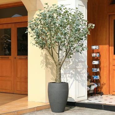 8ft UV Resistant Artificial Eucalyptus Tree with Grey Tall Planter, Pre Potted Fake Eucalyptus Tree for Indoor Outdoor Home Decor, Big Faux Plant Fake Plants for Home Decor