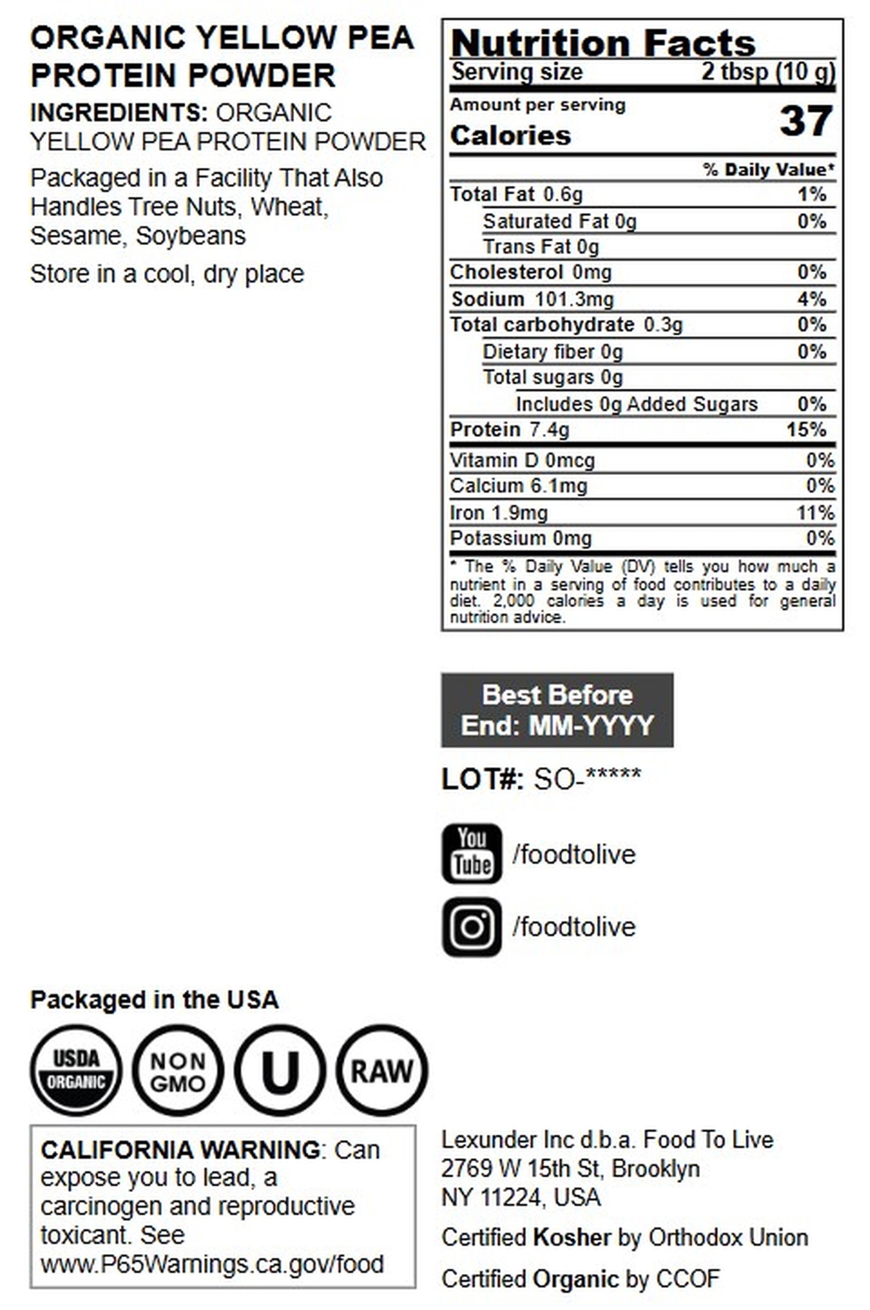 Organic Pea Protein Powder, 1.5 Pounds – Non-GMO Yellow Peas, 80% Protein, Keto, Paleo, Kosher, Raw, Unflavored, Unsweetened, Non-Irradiated. Bulk